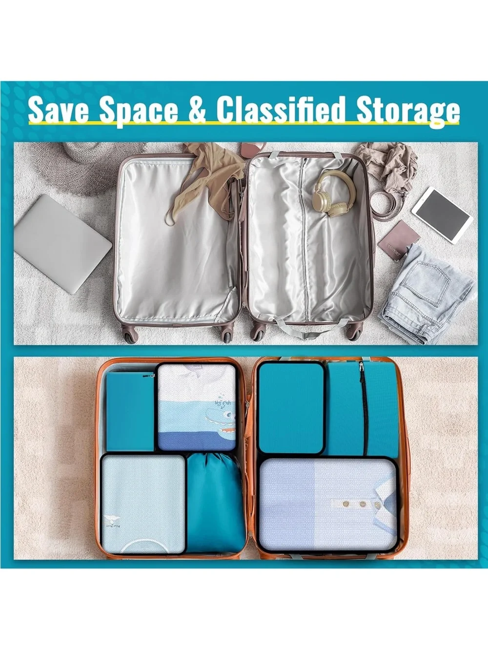 Turquoise Home Storage Travel Packing Cubes Set - pack of 6